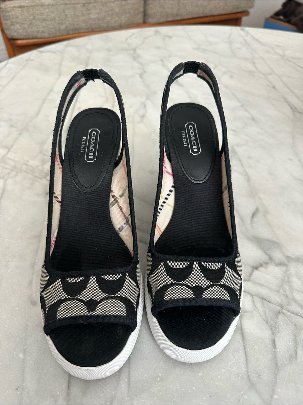 Coach Sydney Black & Grey Signature Canvas Slingback Wedges